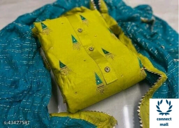 ALISHA Pretty Jam Cotton Fabric  Embroidered   UnStitched Salwar Suit With Banarasi Silk Fabric  Dupatta - Yellow Green